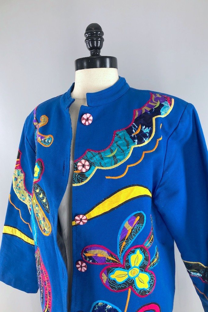 Vintage Royal Blue Applique Jacket-ThisBlueBird - Modern Vintage
