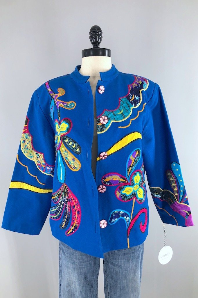 Vintage Royal Blue Applique Jacket-ThisBlueBird - Modern Vintage