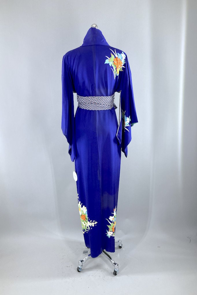 Vintage Royal Blue Floral Silk Kimono Robe-ThisBlueBird - Modern Vintage
