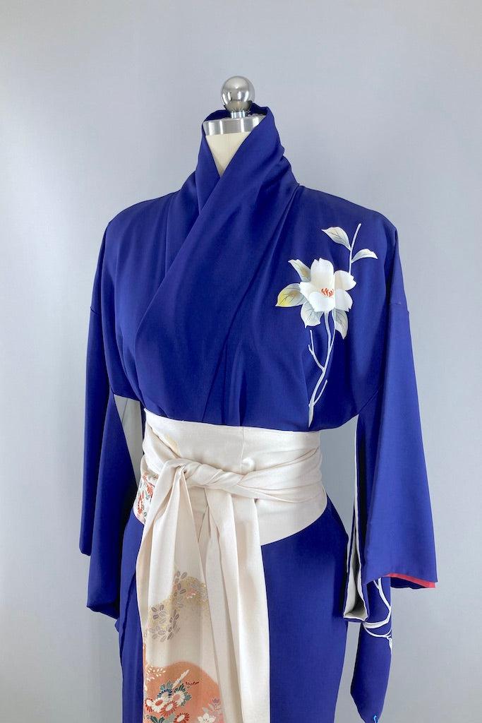 Vintage Royal Blue Floral Silk Kimono-ThisBlueBird