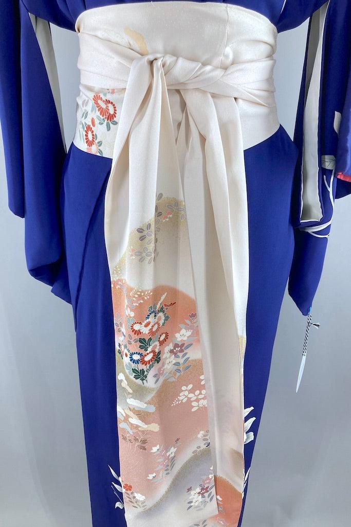 Vintage Royal Blue Floral Silk Kimono-ThisBlueBird