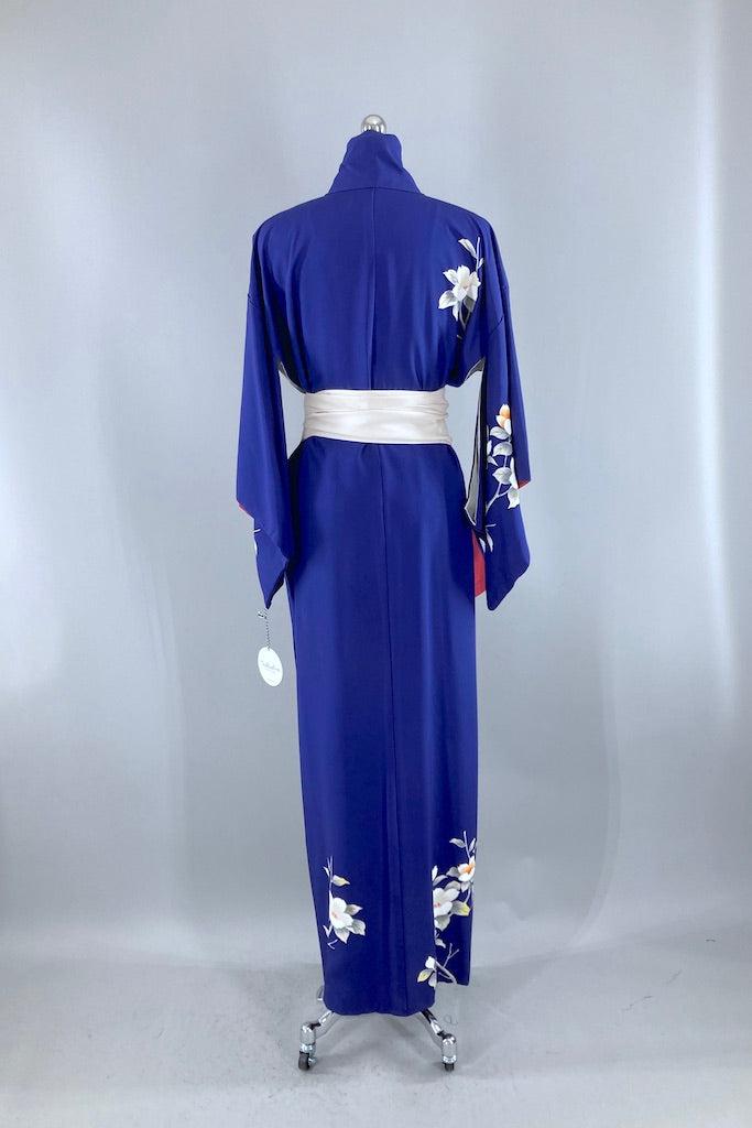 Vintage Royal Blue Floral Silk Kimono-ThisBlueBird