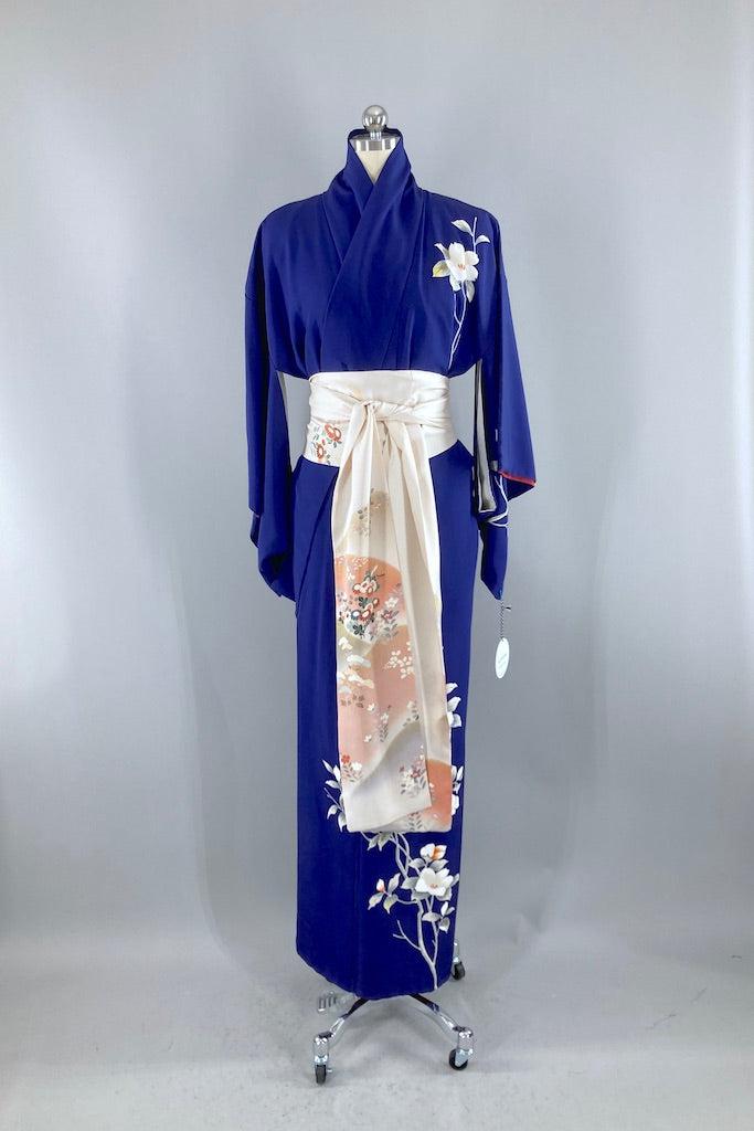 Vintage Royal Blue Floral Silk Kimono-ThisBlueBird