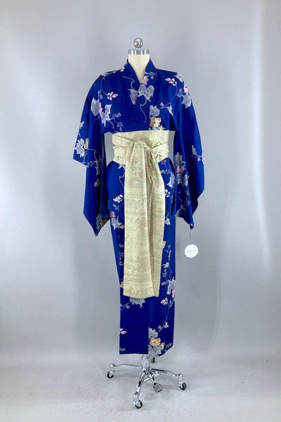 Vintage Royal Blue & Gold Floral Silk Kimono-ThisBlueBird