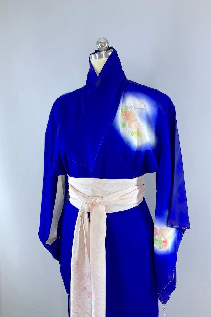 Vintage Royal Blue & Peach Floral Kimono Robe-ThisBlueBird