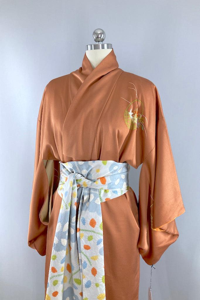 Vintage Rust Floral Baskets Silk Kimono-ThisBlueBird