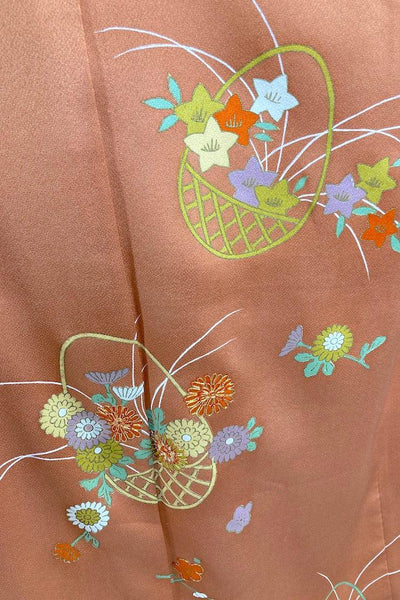 Vintage Rust Floral Baskets Silk Kimono-ThisBlueBird