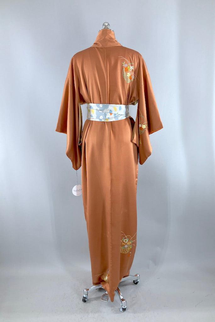 Vintage Rust Floral Baskets Silk Kimono-ThisBlueBird