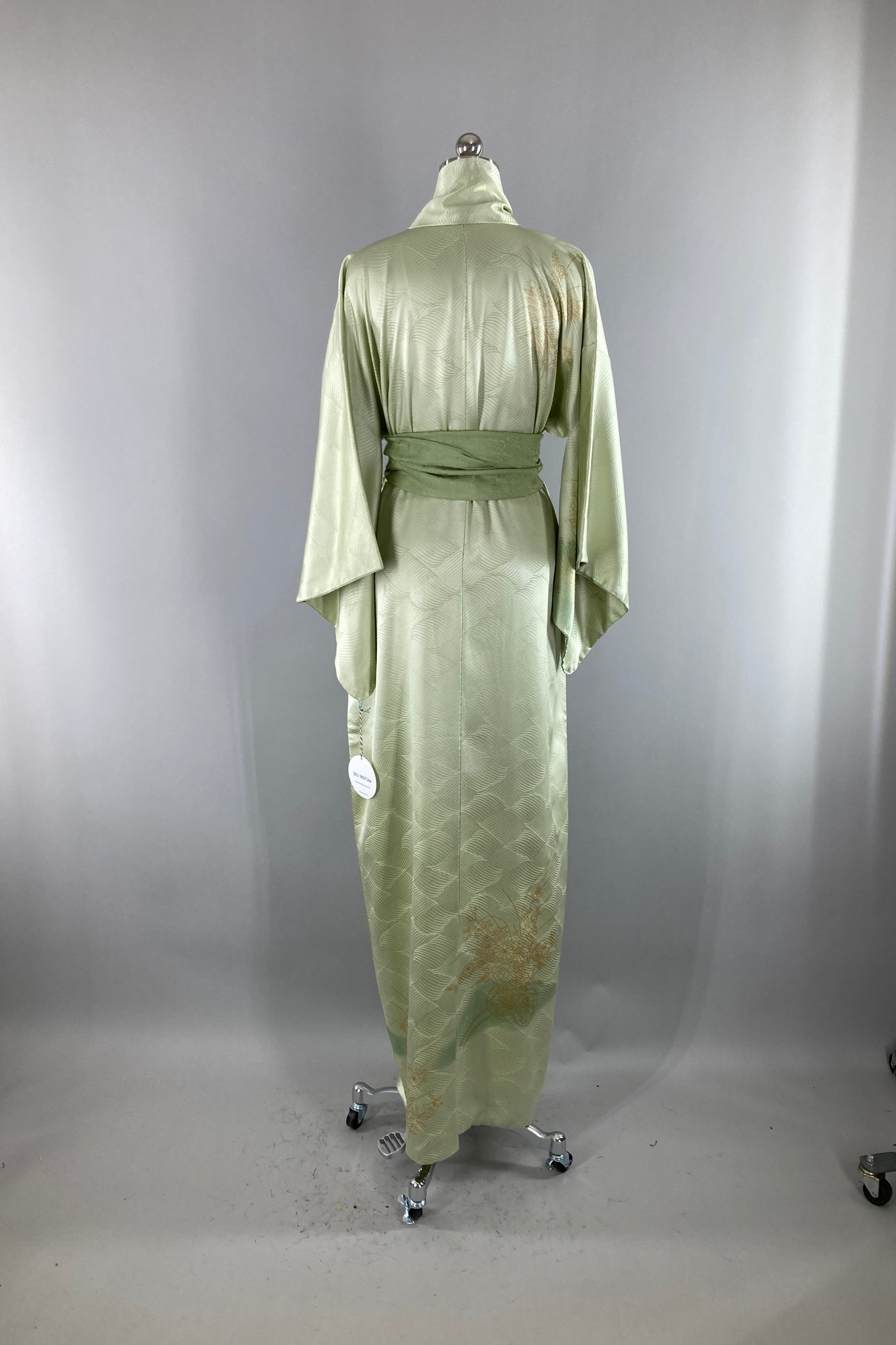 Vintage Sage Green Waves Silk Kimono Robe-ThisBlueBird