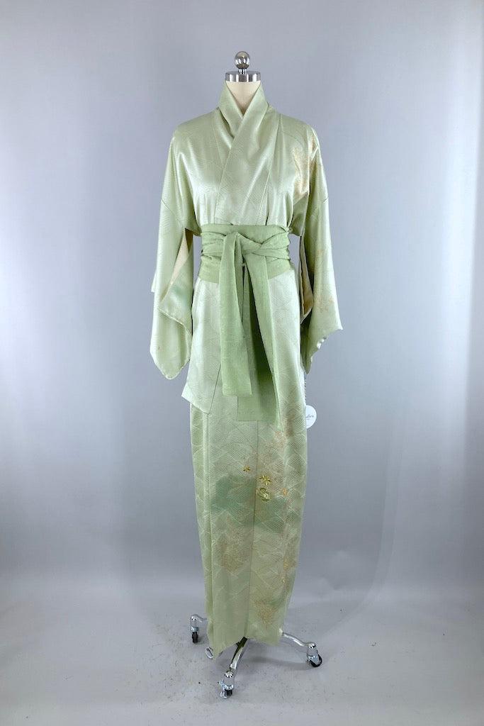 Vintage Sage Green Waves Silk Kimono Robe-ThisBlueBird