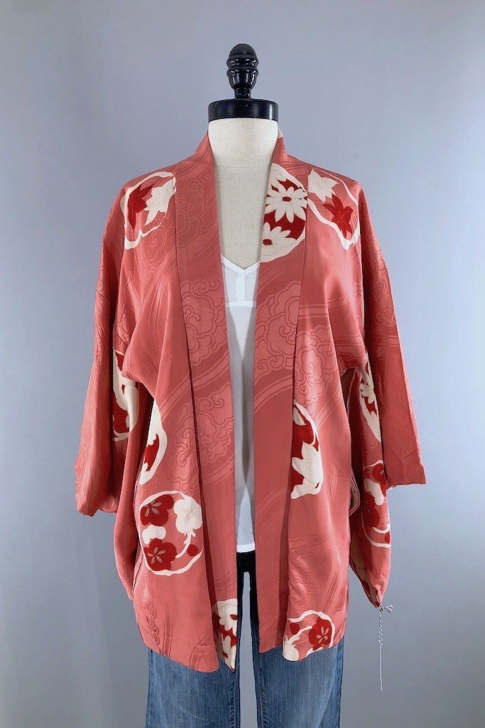 Vintage Salmon Pink Silk Kimono Cardigan-ThisBlueBird - Modern Vintage