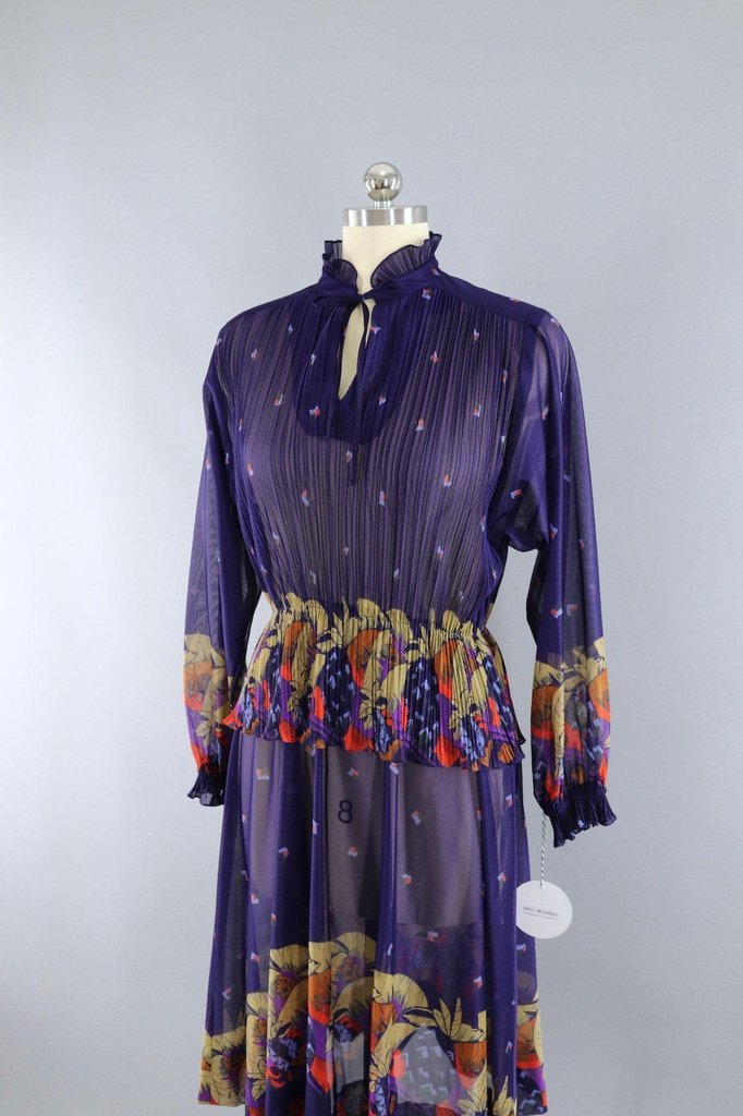 Vintage 1980s Sheer Purple Floral Peplum Dress - ThisBlueBird