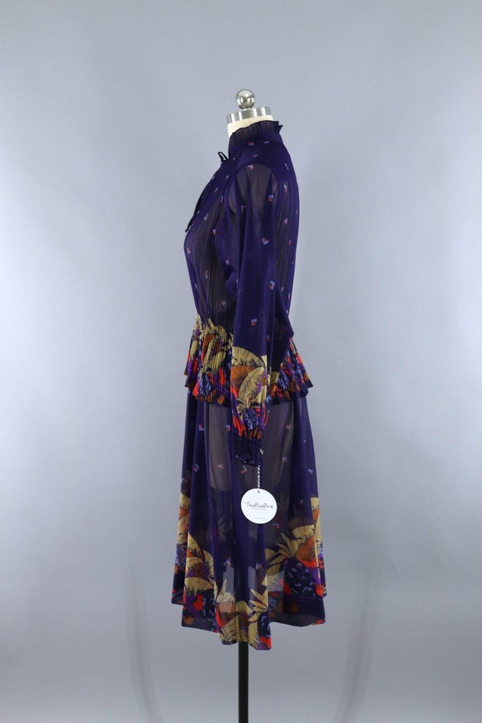 Vintage 1980s Sheer Purple Floral Peplum Dress - ThisBlueBird