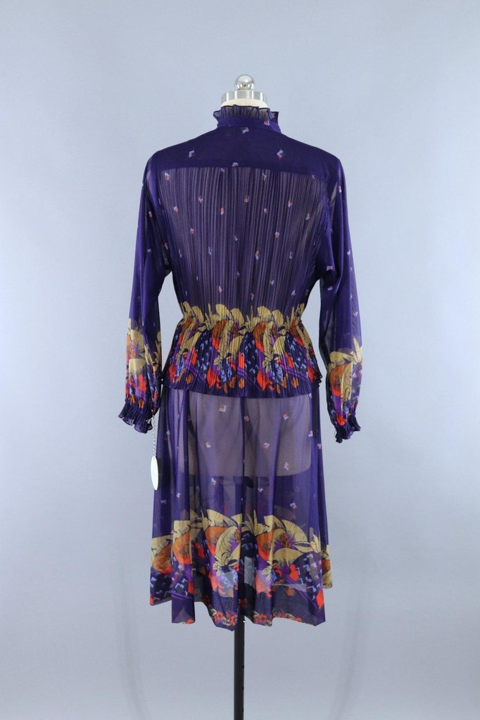 Vintage 1980s Sheer Purple Floral Peplum Dress - ThisBlueBird