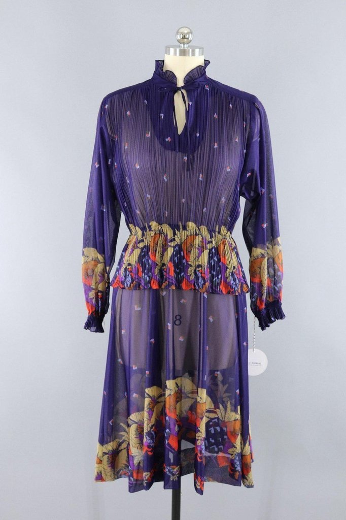 Vintage 1980s Sheer Purple Floral Peplum Dress - ThisBlueBird
