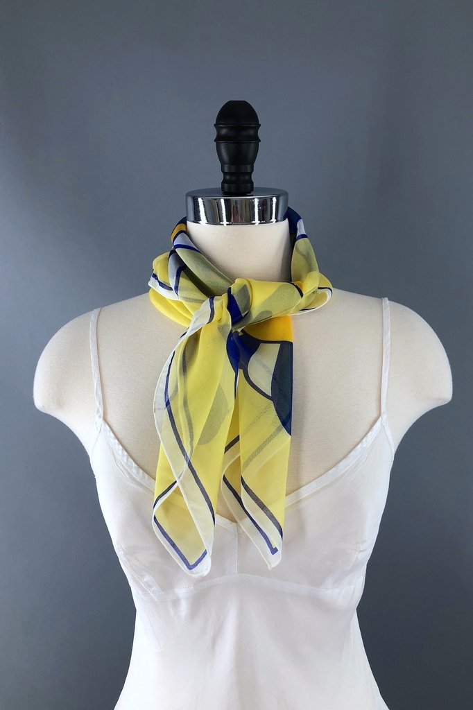 Vintage Sheer Yellow and Blue Art Deco Print Scarf-ThisBlueBird - Modern Vintage