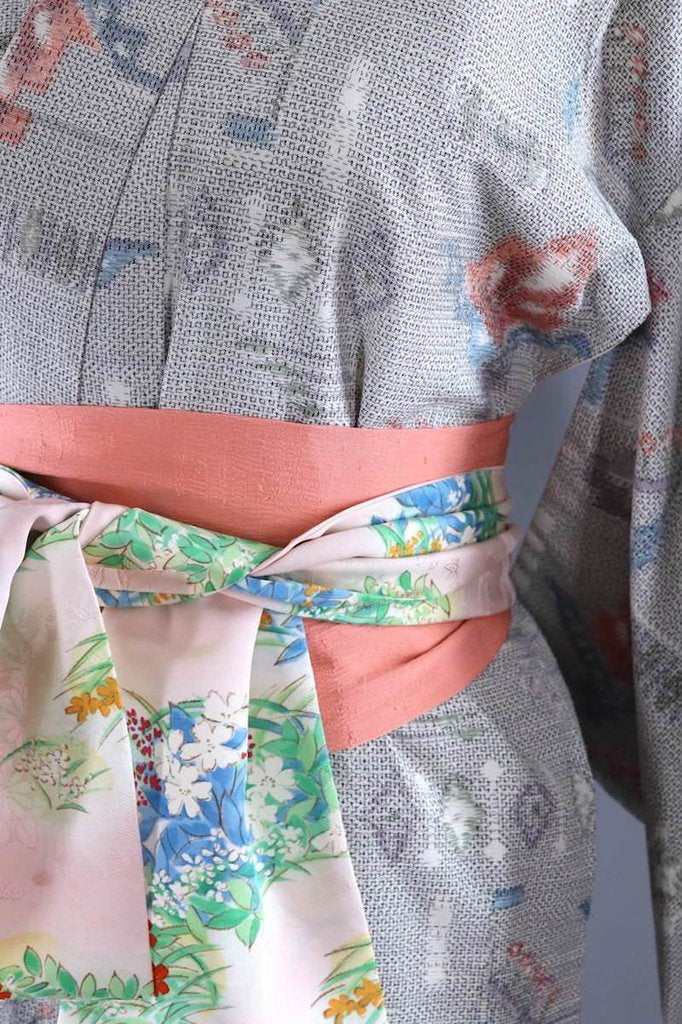 Vintage Silk Kimono Robe in Grey and Pastel Ikat - ThisBlueBird