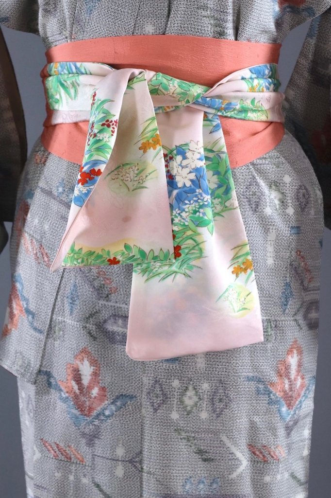 Vintage Silk Kimono Robe in Grey and Pastel Ikat - ThisBlueBird