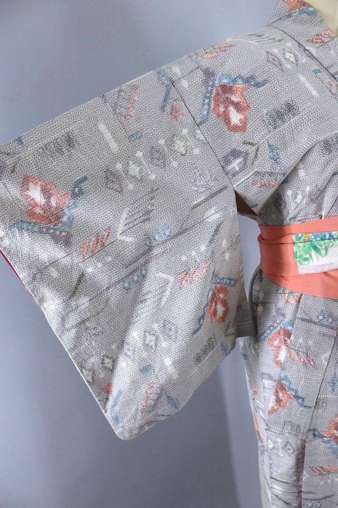 Vintage Silk Kimono Robe in Grey and Pastel Ikat - ThisBlueBird
