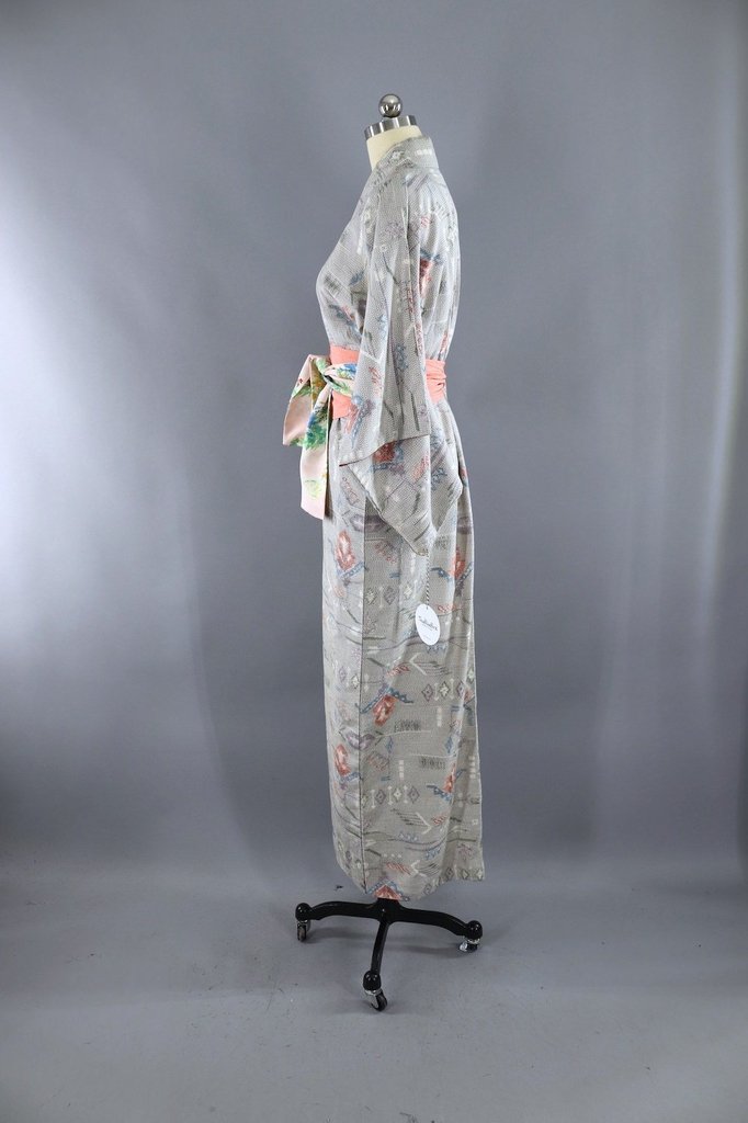 Vintage Silk Kimono Robe in Grey and Pastel Ikat - ThisBlueBird