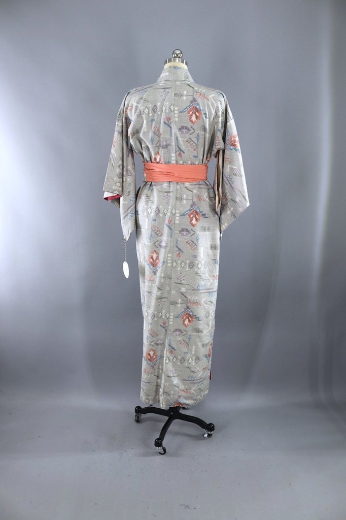 Vintage Silk Kimono Robe in Grey and Pastel Ikat - ThisBlueBird