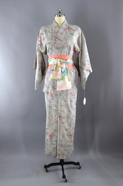 Vintage Silk Kimono Robe in Grey and Pastel Ikat - ThisBlueBird