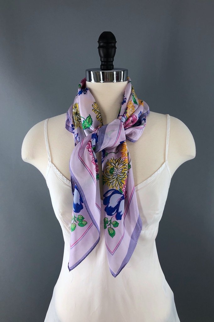 Vintage Silk Scarf Lavender Purple Tulip Floral Print-ThisBlueBird - Modern Vintage