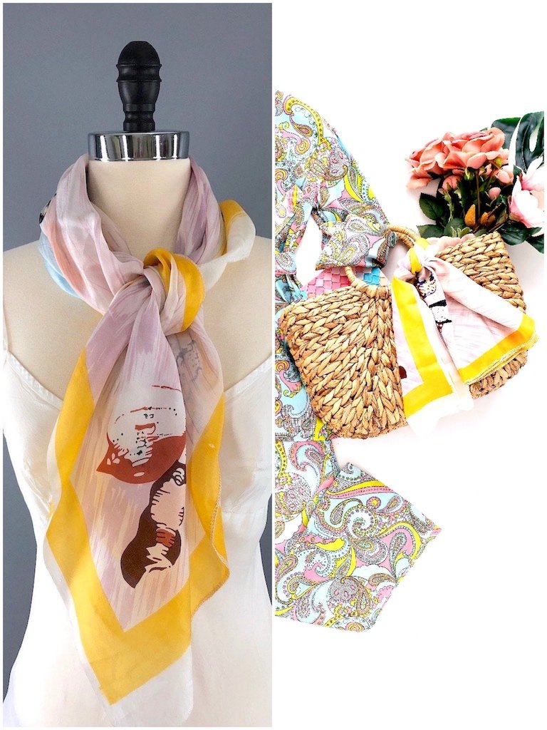 Vintage Silk Scarf with Pastels Seashells Print-ThisBlueBird - Modern Vintage