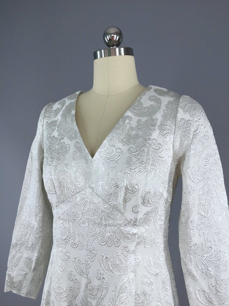 1960s Vintage Silver Brocade Maxi Dress - ThisBlueBird