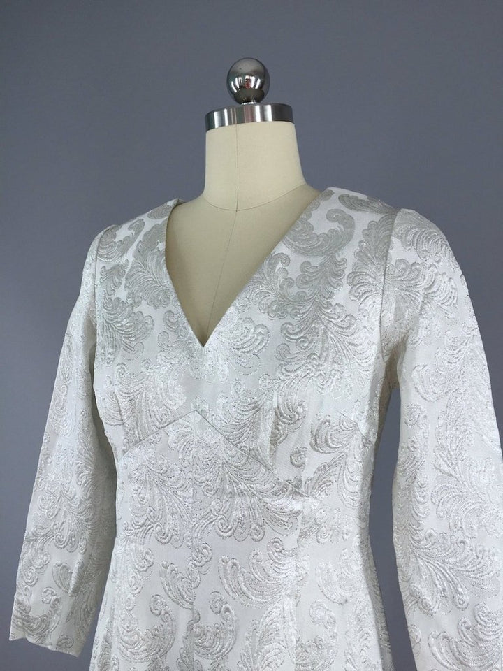 1960s Vintage Silver Brocade Maxi Dress - ThisBlueBird