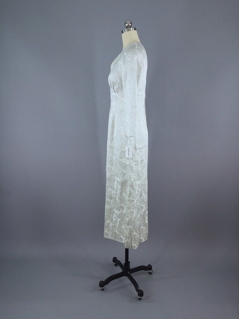 1960s Vintage Silver Brocade Maxi Dress - ThisBlueBird