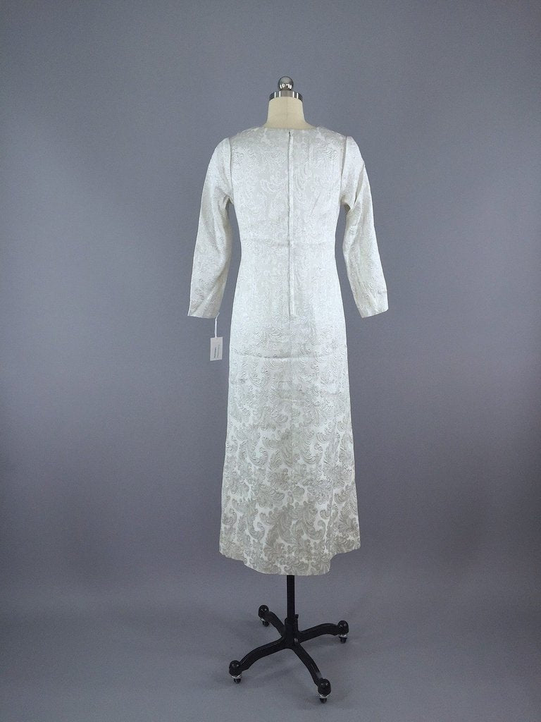 1960s Vintage Silver Brocade Maxi Dress - ThisBlueBird
