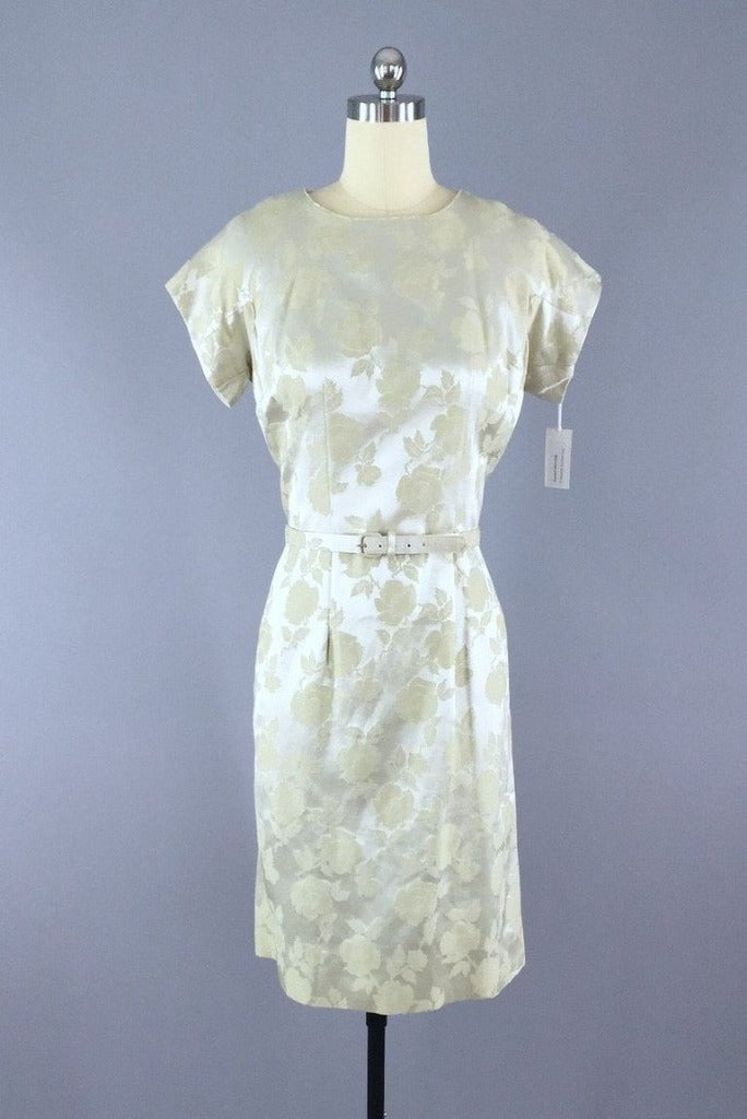 1960s Vintage Silver Green Satin Damask Dress and Jacket Set - ThisBlueBird