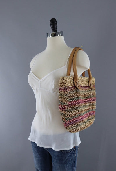 Vintage Sisal Shoulder Bag with Leather Straps - ThisBlueBird