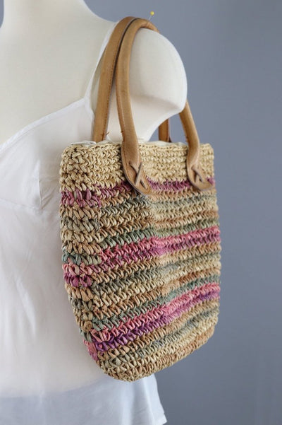 Vintage Sisal Shoulder Bag with Leather Straps - ThisBlueBird