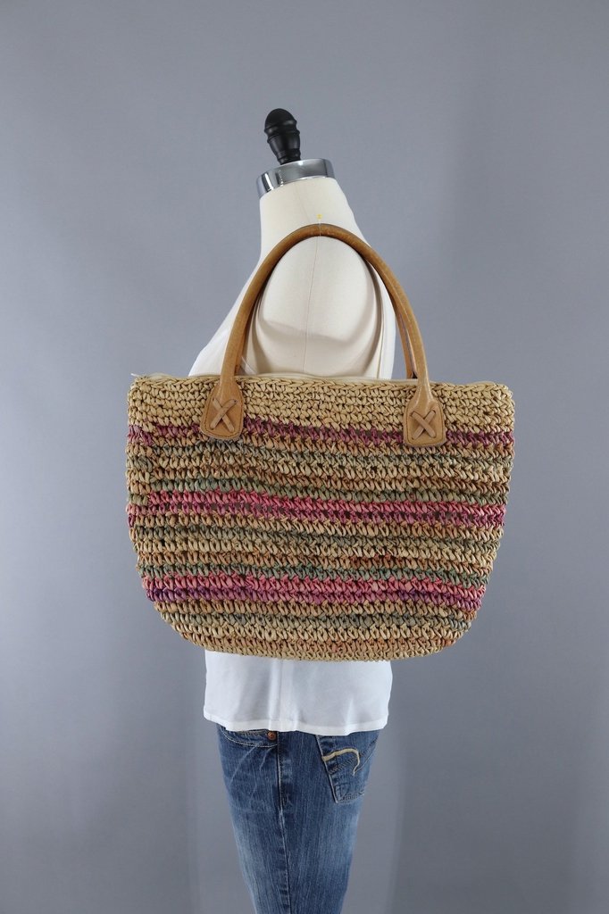Vintage Sisal Shoulder Bag with Leather Straps - ThisBlueBird