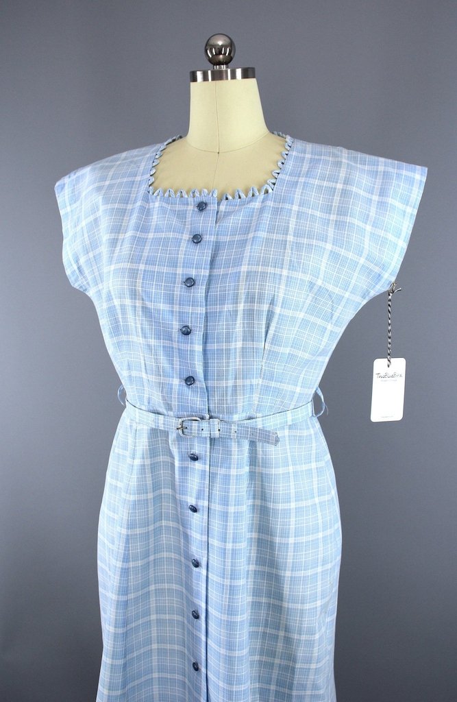 Vintage 1950s Smart Setter Day Dress / Sky Blue Plaid Checkered Cotton - ThisBlueBird