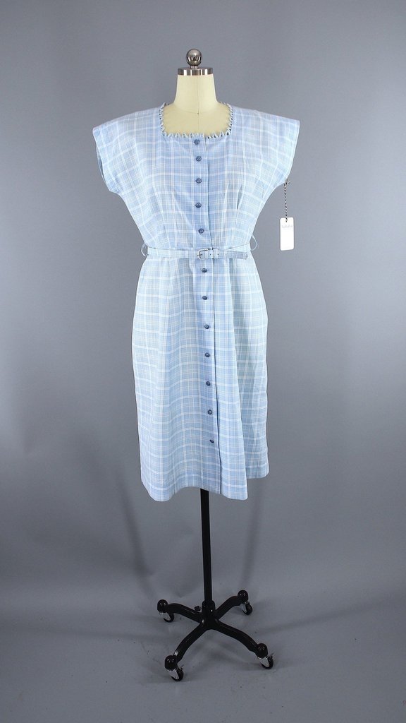 Vintage 1950s Smart Setter Day Dress / Sky Blue Plaid Checkered Cotton - ThisBlueBird