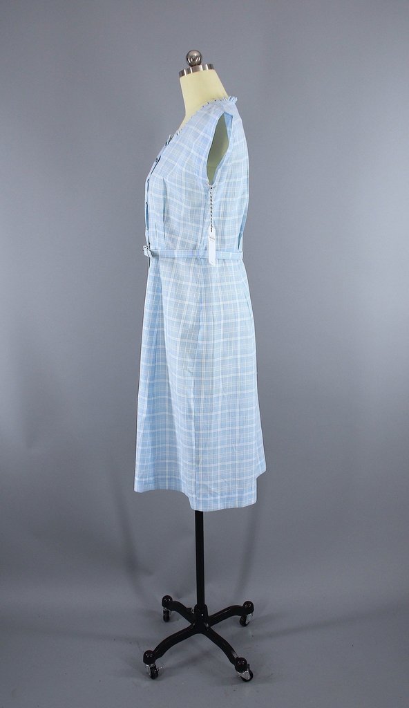 Vintage 1950s Smart Setter Day Dress / Sky Blue Plaid Checkered Cotton - ThisBlueBird