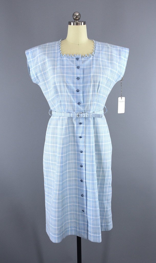 Vintage 1950s Smart Setter Day Dress / Sky Blue Plaid Checkered Cotton - ThisBlueBird