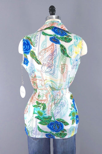 Vintage 1970s Sleeveless Floral Print Blouse-ThisBlueBird