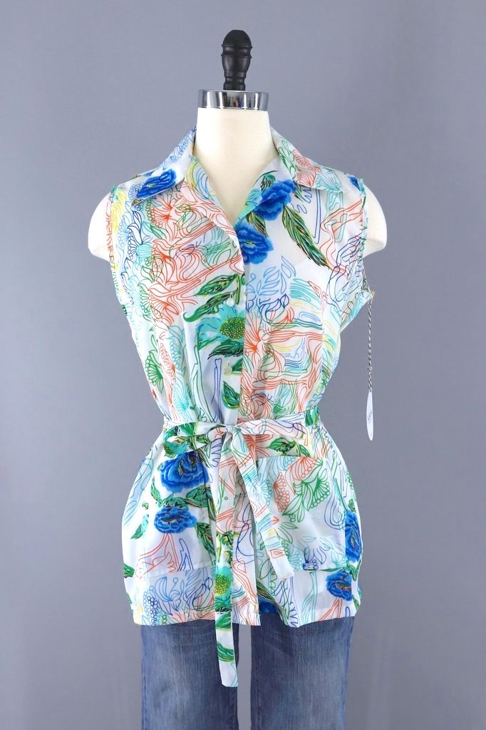 Vintage 1970s Sleeveless Floral Print Blouse-ThisBlueBird