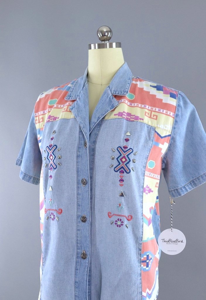 Vintage 1980s Southwestern Print Chambray Denim Shirt-ThisBlueBird