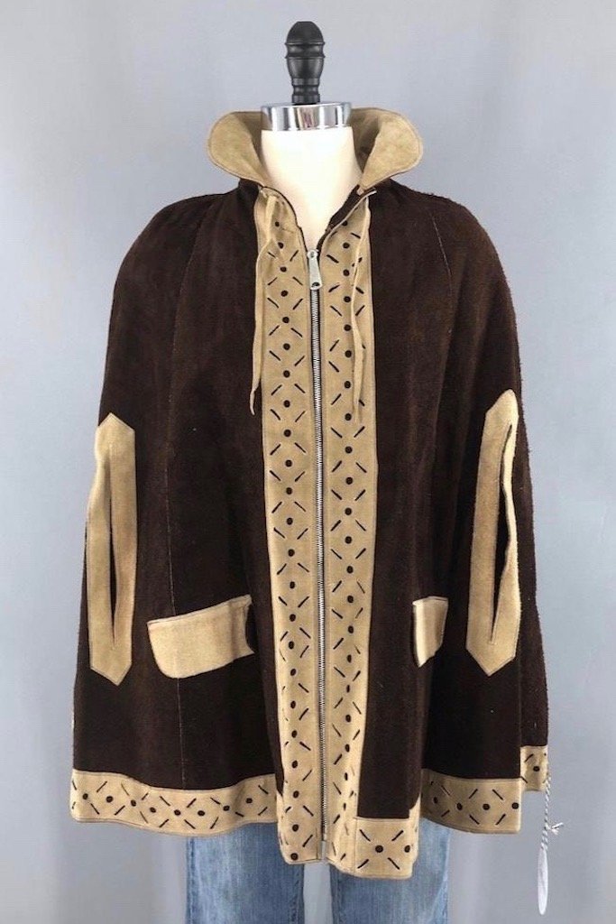 Vintage Suede Leather Cape Poncho Hippie Jacket-ThisBlueBird - Modern Vintage