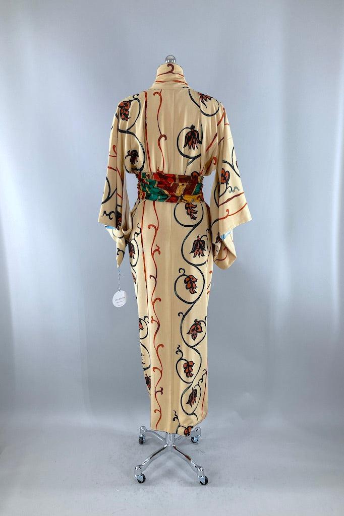 Vintage Tan Floral Silk Crepe Kimono Robe-ThisBlueBird