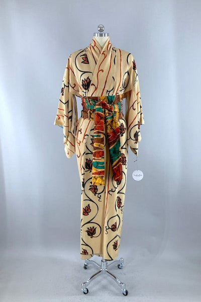 Vintage Tan Floral Silk Crepe Kimono Robe-ThisBlueBird