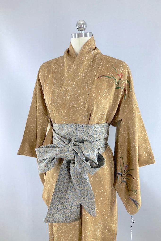 Vintage Tan Painted Floral Silk Kimono-ThisBlueBird