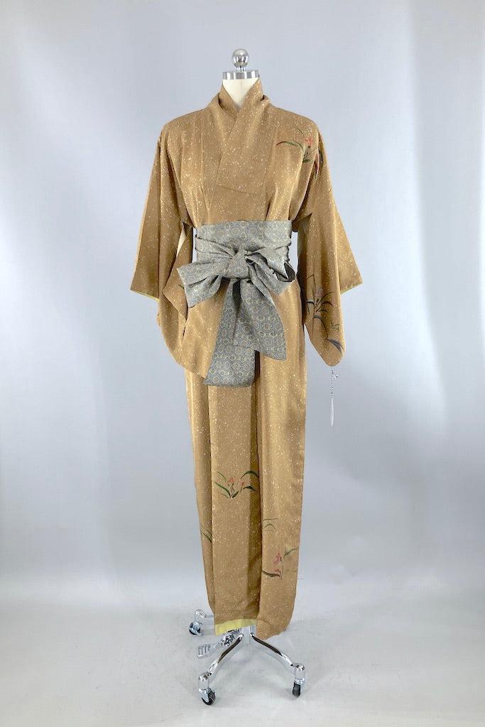 Vintage Tan Painted Floral Silk Kimono-ThisBlueBird