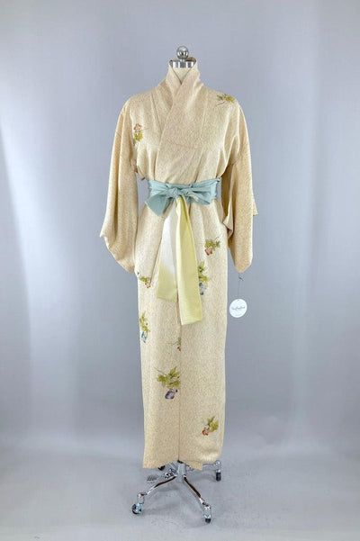 Vintage Tan Silk Floral Kimono Robe-ThisBlueBird