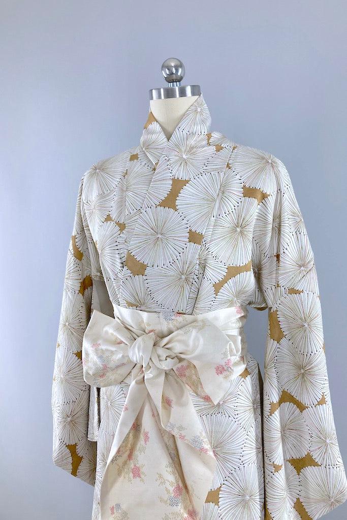 Vintage Tan & White Floral Silk Kimono Robe-ThisBlueBird